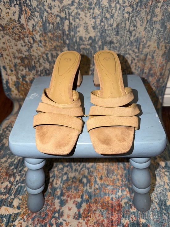 Zara Shoes - Zara Beige Suede Strappy Block Heel Mules
